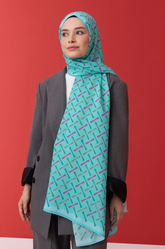 Benekli Logo Turkuaz Floş Viskon Şal 70x210 - Imannoor