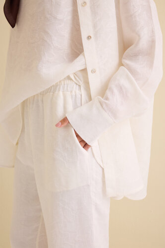 Beyaz Keten Jakar Pantolon - 3