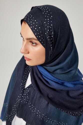 Binbir Gece Lacivert Yün İpek Şal 68x200 - Imannoor