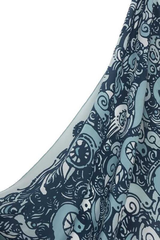 Birds Silk Shawl Blue - 5