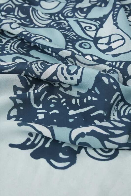 Birds Silk Shawl Blue - 3