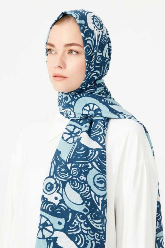 Birds Silk Shawl Blue - 4
