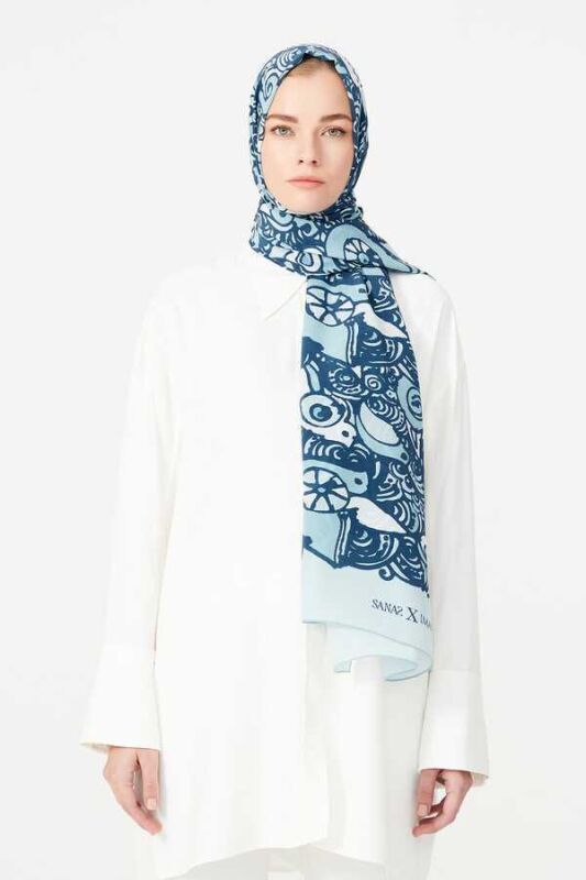 Birds Silk Shawl Blue - 2