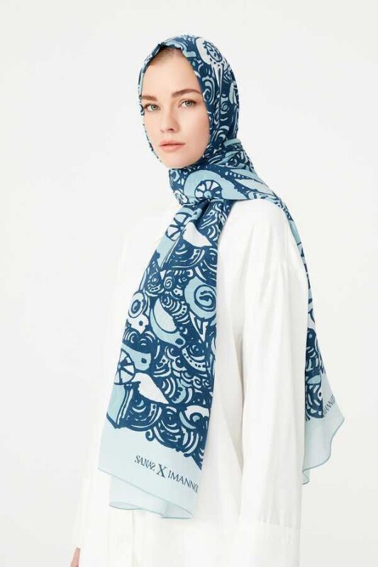 Birds Silk Shawl Blue - 6