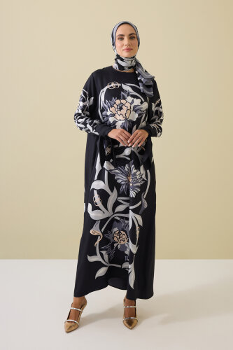Black-Gray Silk Twill Dress with Flower Path Cuff Detail - Imannoor (1)