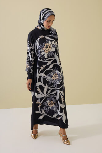 Black-Gray Silk Twill Dress with Flower Path Cuff Detail - Imannoor (3)