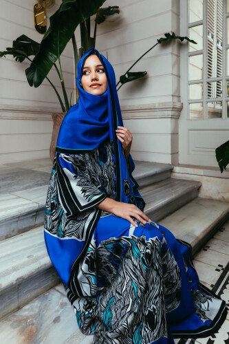 Boğazın Laleleri Mavi Uzun İpek Kaftan - Imannoor