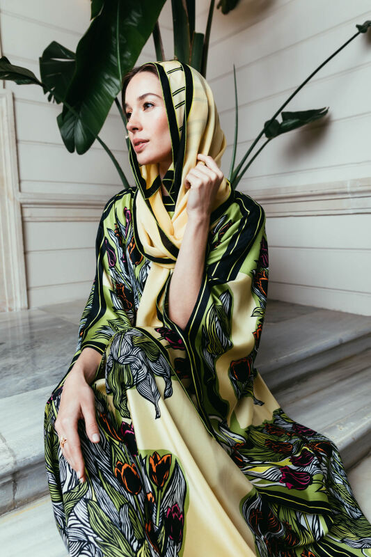Boğazın Laleleri Sarı Uzun İpek Kaftan - 3