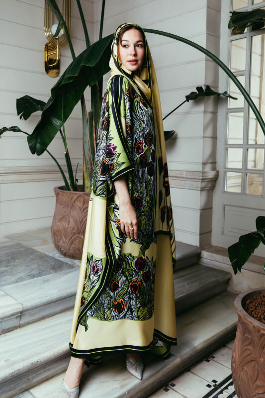 Boğazın Laleleri Sarı Uzun İpek Kaftan - 5