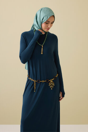 Boğazlı Lacivert Penye Elbise - Imannoor (4)