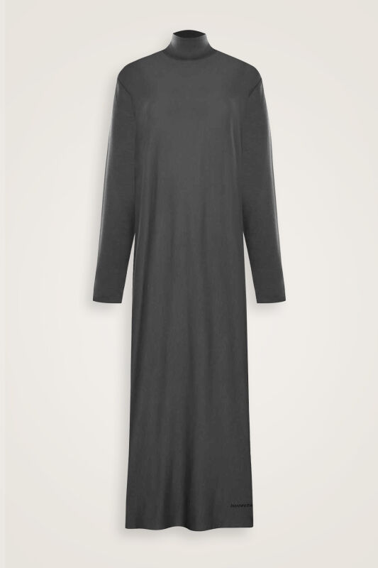 Boğazlı Siyah Penye Elbise - 2