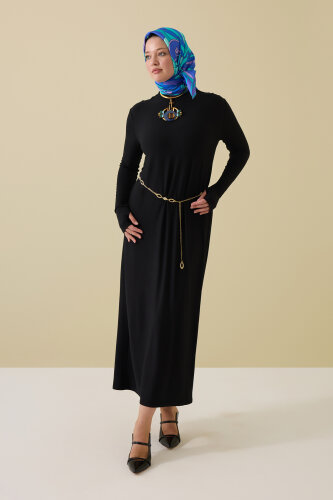 Boğazlı Siyah Penye Elbise - Imannoor