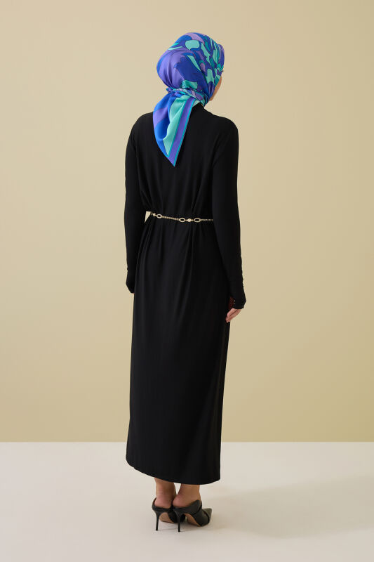 Boğazlı Siyah Penye Elbise - 5