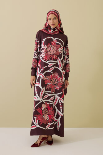 Burgundy Silk Twill Dress with Flower Path Cuff Detail - Imannoor (1)
