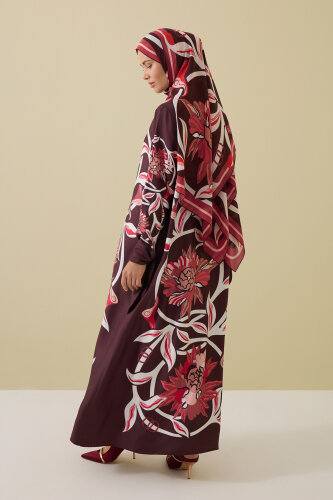 Burgundy Silk Twill Dress with Flower Path Cuff Detail - Imannoor (3)