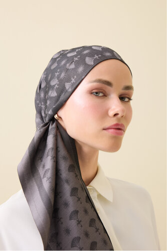 Carnation Monogram Silk Shawl Dark Grey - Imannoor
