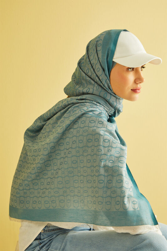 Chain Monogram Cotton Silk Shawl Petrol Blue - 2