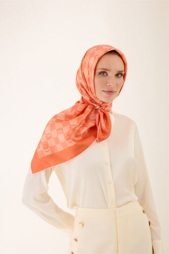 Checkerboard Logo Orange Twill Silk Scarf - Imannoor