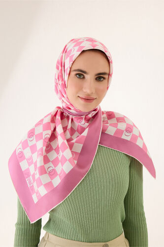 Checkerboard Logo Pink Twill Silk Scarf - Imannoor