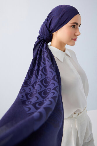 Checkerboard Pattern Naia Cotton Shawl Navy - Imannoor