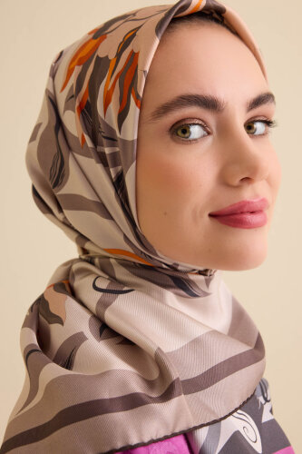 Çiçek Yolu Fuşya-Turuncu Tivil İpek Eşarp 94x94 