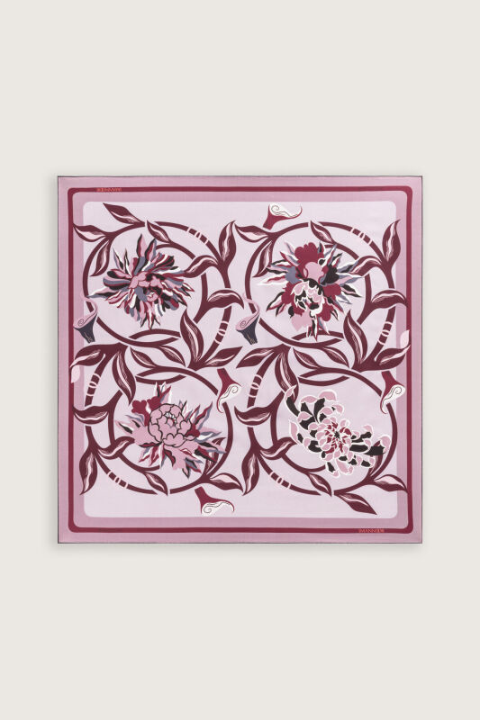 Çiçek Yolu Krem-Gri Tivil İpek Eşarp 94x94 - 3