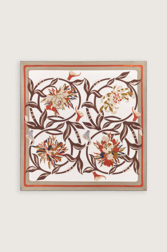 Çiçek Yolu Krem-Gri Tivil İpek Eşarp 94x94 - 2