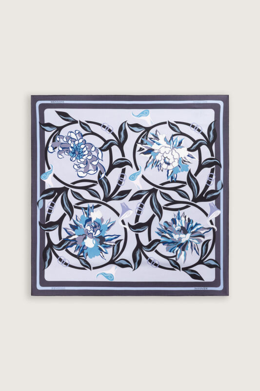 Çiçek Yolu Mavi-Pembe Tivil İpek Eşarp 94x94 - 3