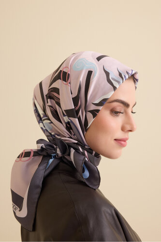 Çiçek Yolu Mavi-Pembe Tivil İpek Eşarp 94x94 - 5