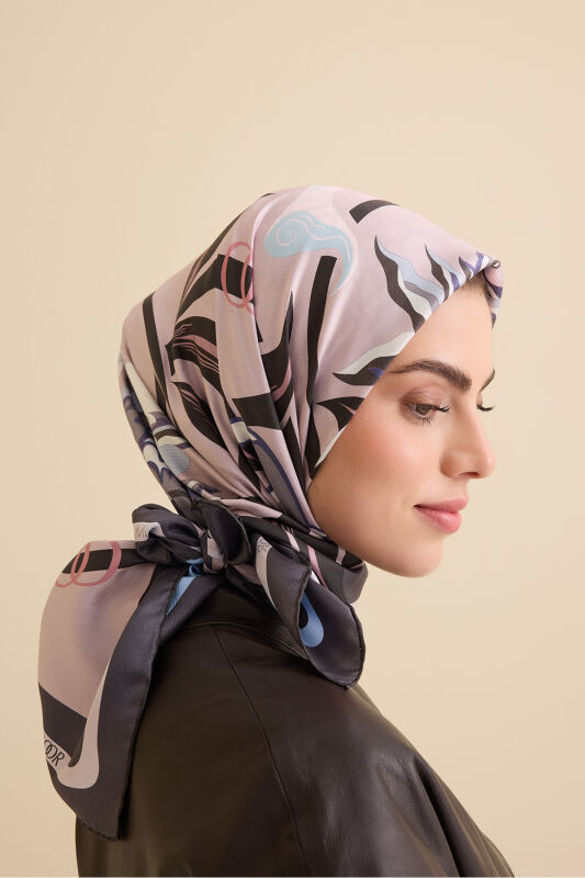 Çiçek Yolu Mavi-Pembe Tivil İpek Eşarp 94x94 - 5