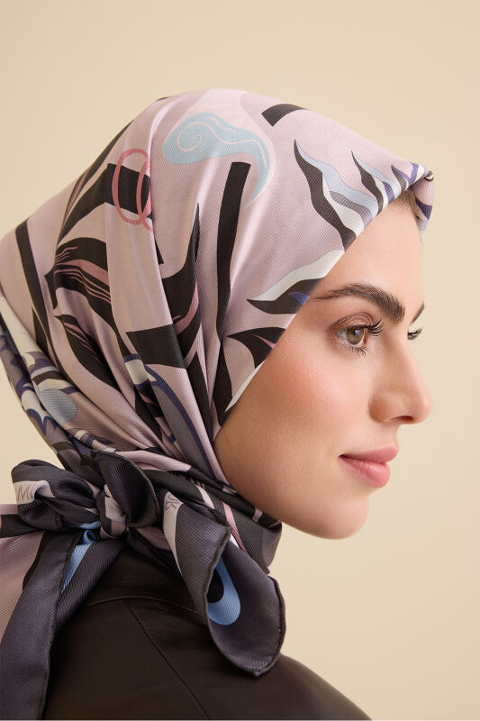 Çiçek Yolu Mavi-Pembe Tivil İpek Eşarp 94x94 - 1