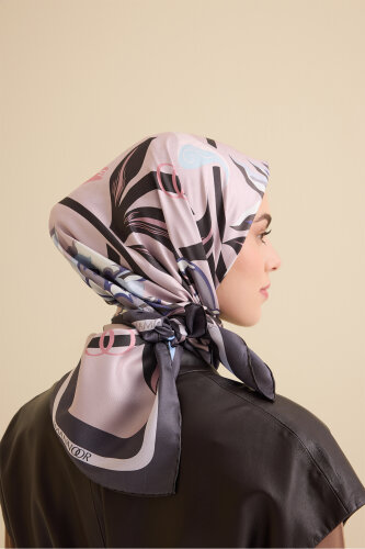 Çiçek Yolu Mavi-Pembe Tivil İpek Eşarp 94x94 - 4