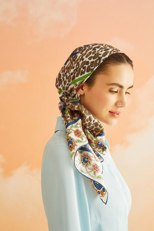 Çift Leopar Bej Tivil İpek Eşarp - 2