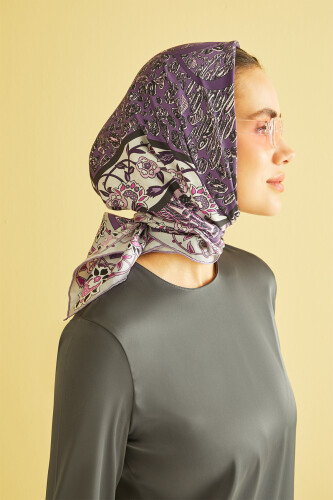 Çift Leopar Mor Tivil İpek Eşarp - 4