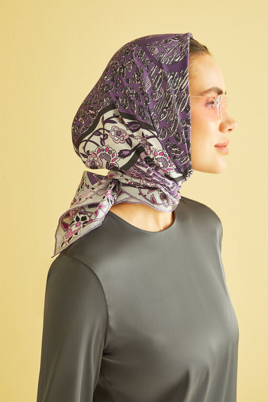 Çift Leopar Mor Tivil İpek Eşarp - 4