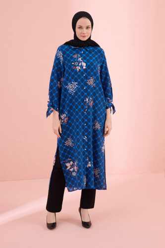 Çit Kol Detaylı Lacivert İpek Gömlek Elbise 