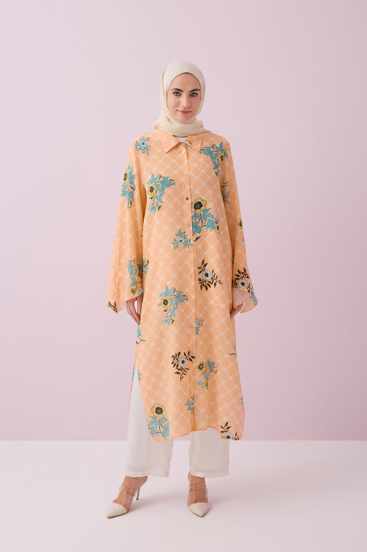 Çit Kol Detaylı Somon İpek Gömlek Elbise - 1