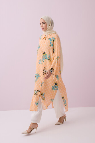 Çit Kol Detaylı Somon İpek Gömlek Elbise - 5