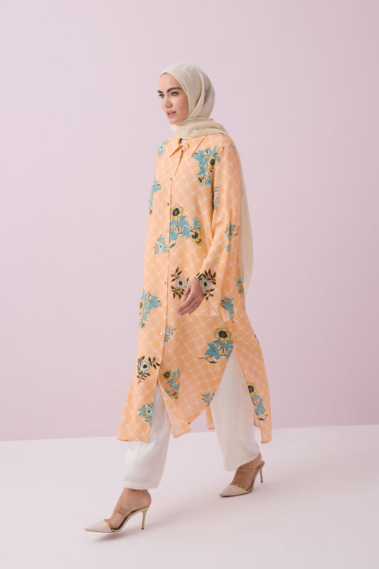 Çit Kol Detaylı Somon İpek Gömlek Elbise - 5