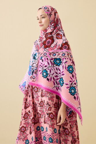 Çit Pembe Krep İpek Kaftan Şal 80x210 - Imannoor