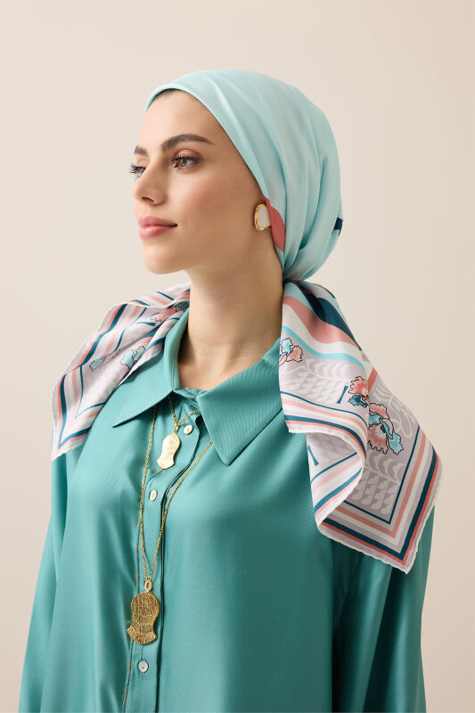 Dalgalar Açık Turkuaz Tivil İpek Eşarp 90x90 - 3