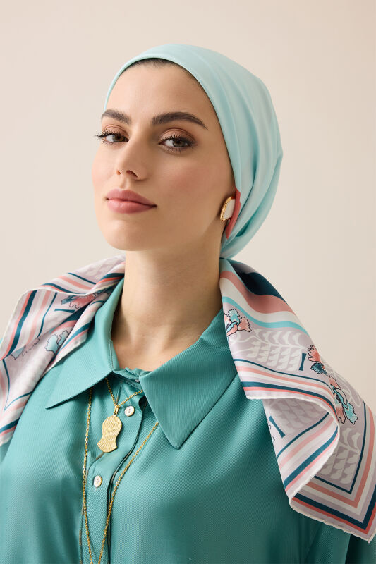 Dalgalar Açık Turkuaz Tivil İpek Eşarp 90x90 - 5