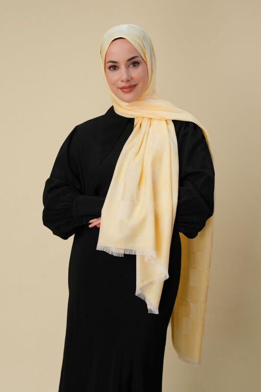 Dama Desen Limon Sarısı Pamuk İpek Şal 70x190 - 1