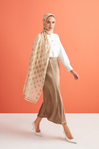 Damlalar Bej Krep İpek Şal 80x200 - 5
