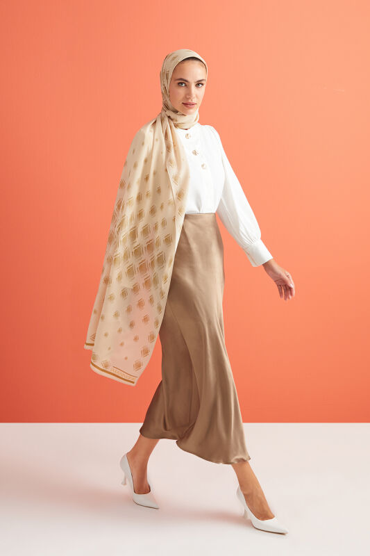 Damlalar Bej Krep İpek Şal 80x200 - 5