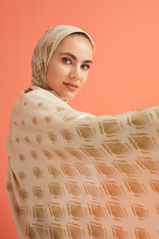 Damlalar Bej Krep İpek Şal 80x200 - 3