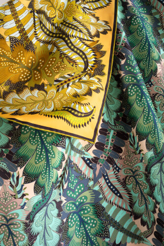 Date Palm Branch Turquoise-Yellow Double-Sided Twill Silk Scarf - 4