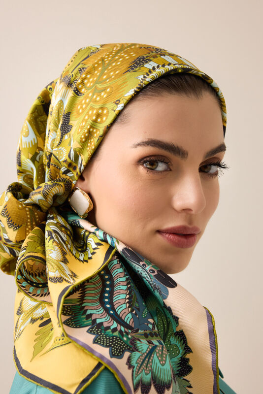 Date Palm Branch Turquoise-Yellow Double-Sided Twill Silk Scarf - 3