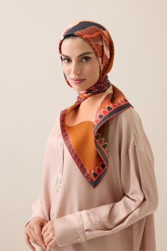 Date Palm Tree Beige-Orange Double-Sided Twill Silk Scarf - 5