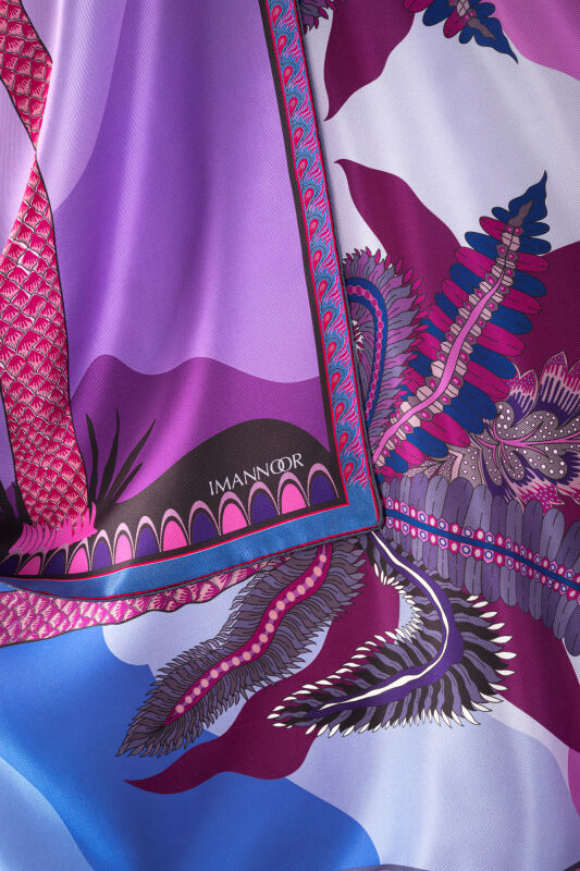 Date Palm Tree Blue-Fuchsia Double-Sided Twill Silk Scarf - 4
